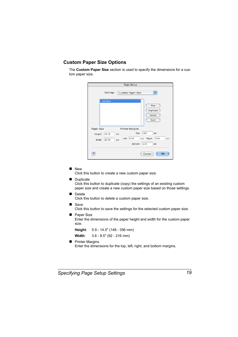 Custom paper size options, Custom paper size options 19 | Konica Minolta Magicolor 2450 User Manual | Page 35 / 210