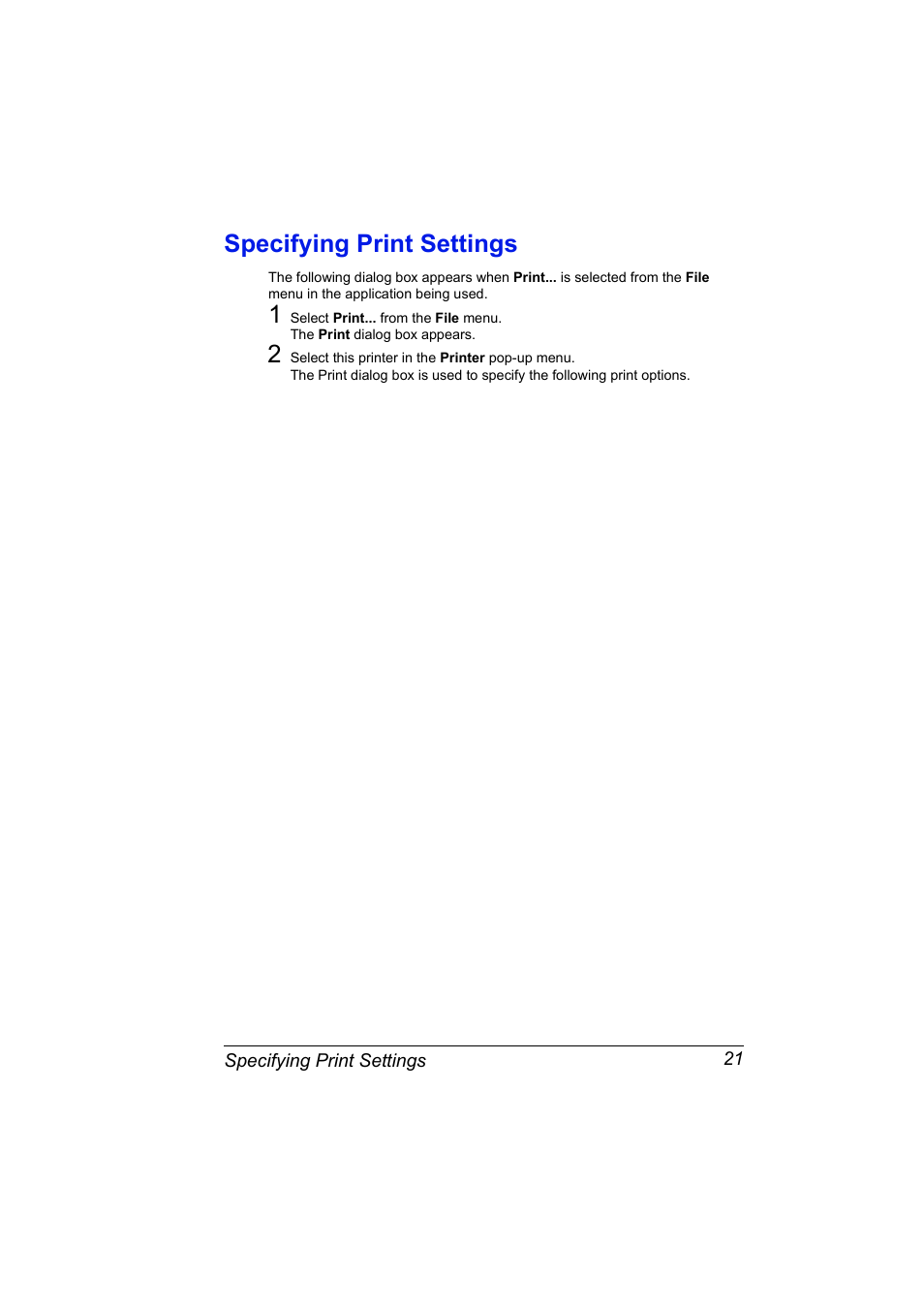 Specifying print settings, Specifying print settings 21 | Konica Minolta Magicolor 2450 User Manual | Page 37 / 210