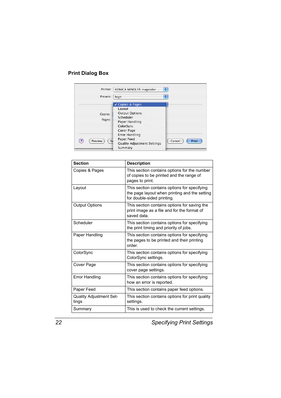 Print dialog box, Print dialog box 22, Specifying print settings 22 | Konica Minolta Magicolor 2450 User Manual | Page 38 / 210