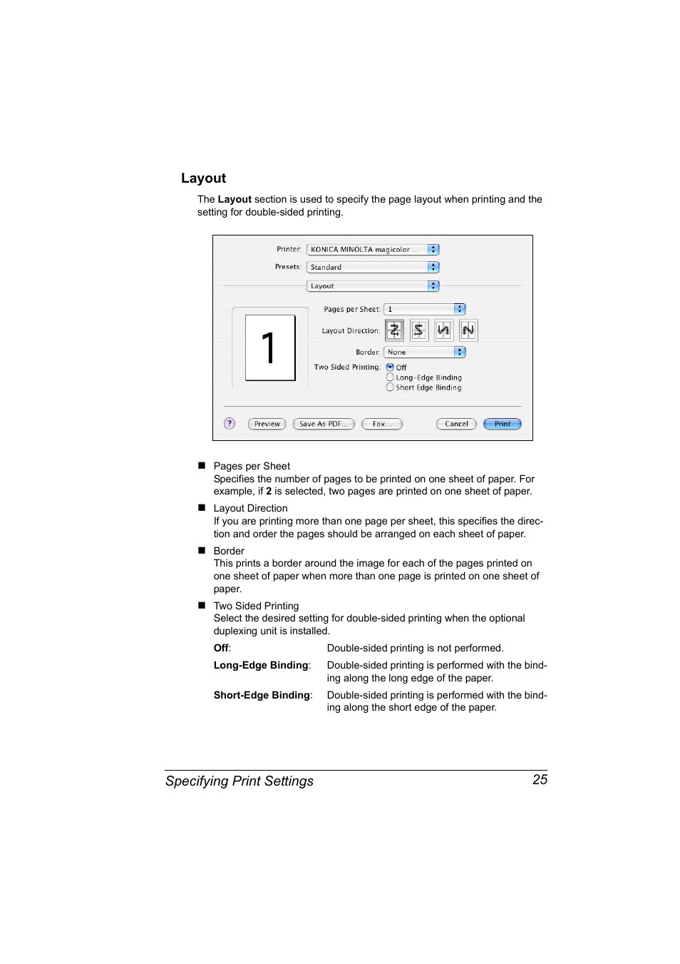Layout, Specifying print settings 25 layout | Konica Minolta Magicolor 2450 User Manual | Page 41 / 210