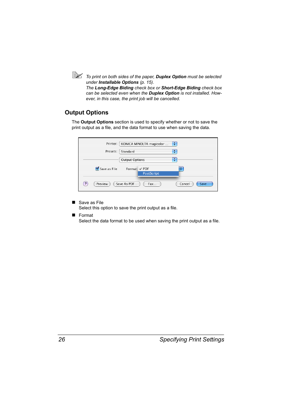 Output options, Output options 26 | Konica Minolta Magicolor 2450 User Manual | Page 42 / 210