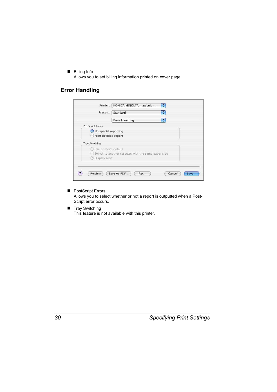 Error handling, Error handling 30 | Konica Minolta Magicolor 2450 User Manual | Page 46 / 210
