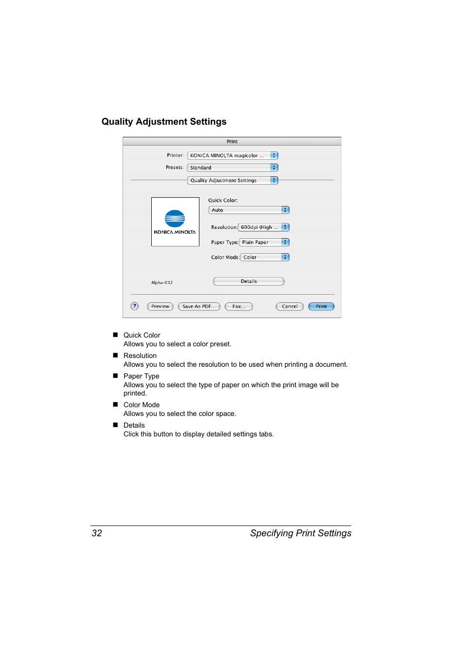 Quality adjustment settings, Quality adjustment settings 32 | Konica Minolta Magicolor 2450 User Manual | Page 48 / 210