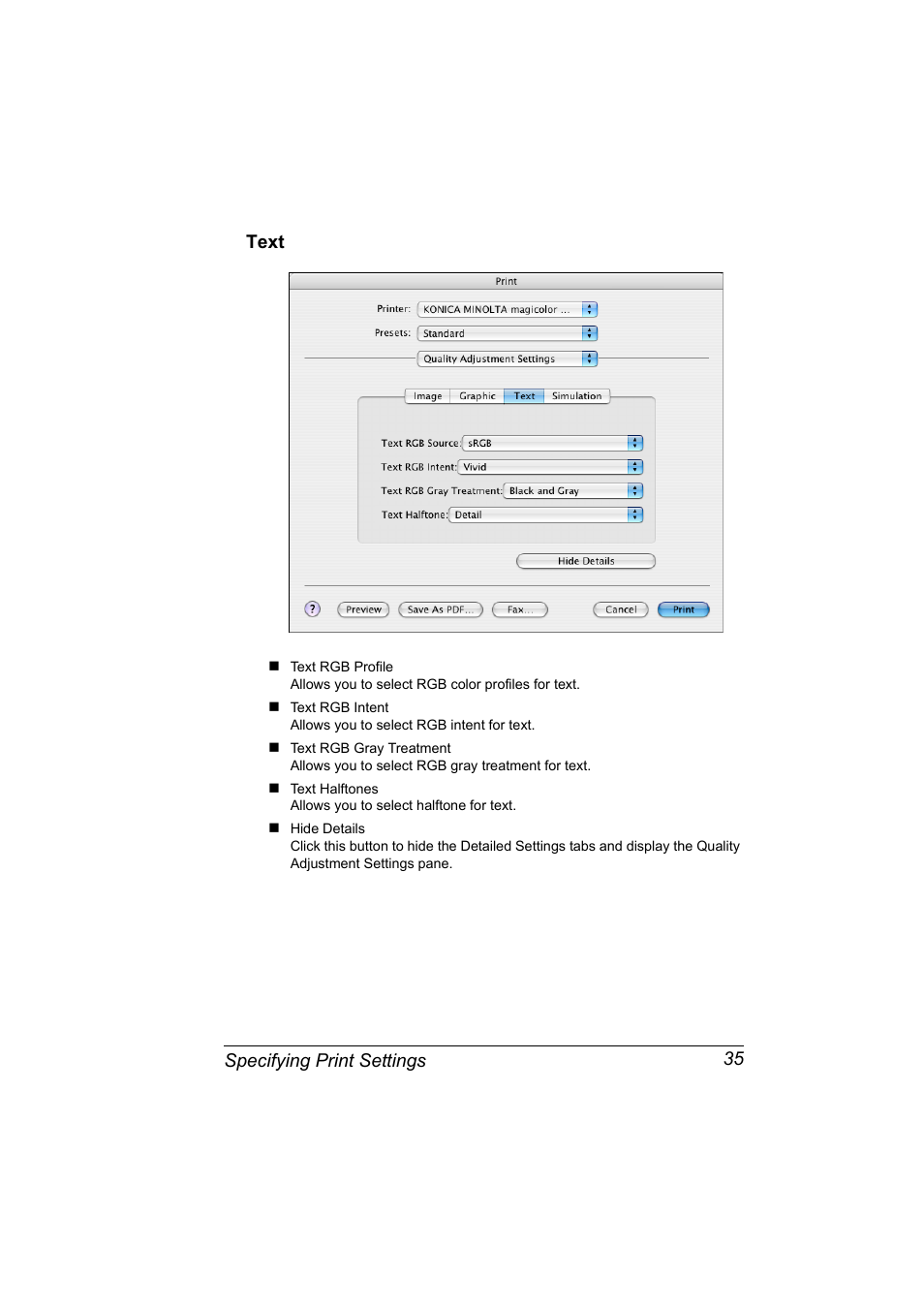 Text, Text 35, Specifying print settings 35 text | Konica Minolta Magicolor 2450 User Manual | Page 51 / 210