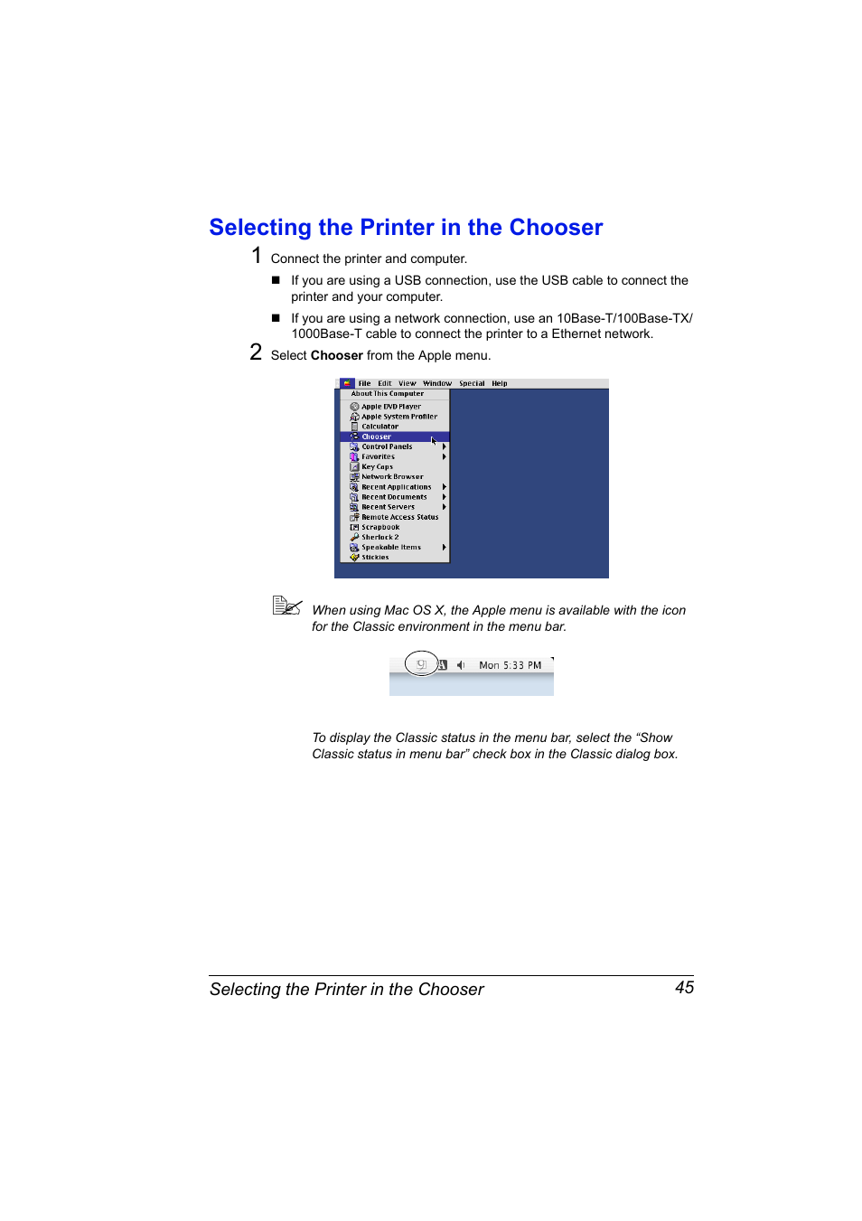 Selecting the printer in the chooser, Selecting the printer in the chooser 45, Selecting the printer in the chooser 1 | Konica Minolta Magicolor 2450 User Manual | Page 61 / 210