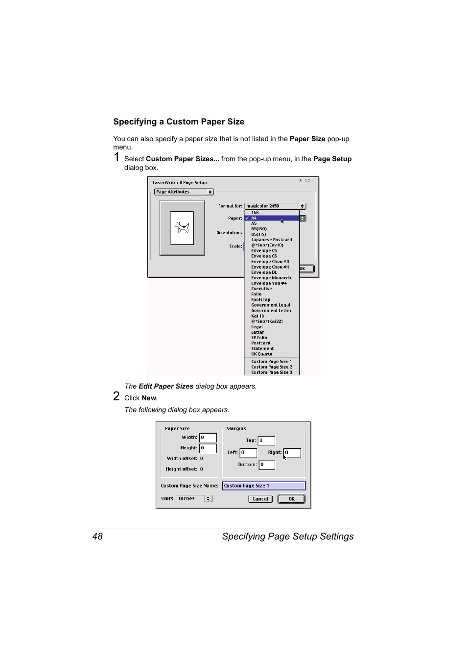 Specifying a custom paper size, Specifying a custom paper size 48 | Konica Minolta Magicolor 2450 User Manual | Page 64 / 210