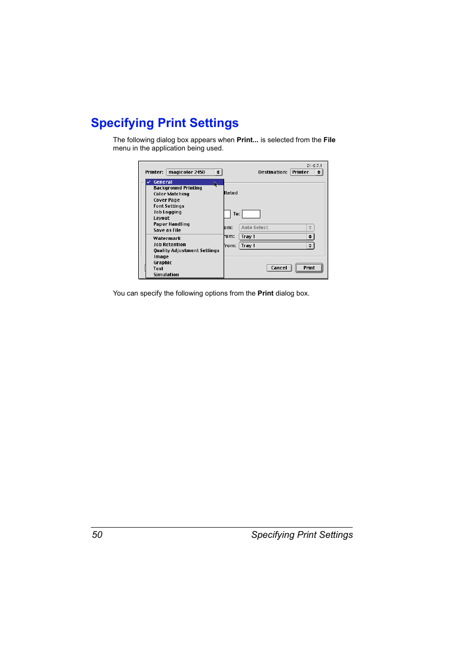 Specifying print settings, Specifying print settings 50 | Konica Minolta Magicolor 2450 User Manual | Page 66 / 210