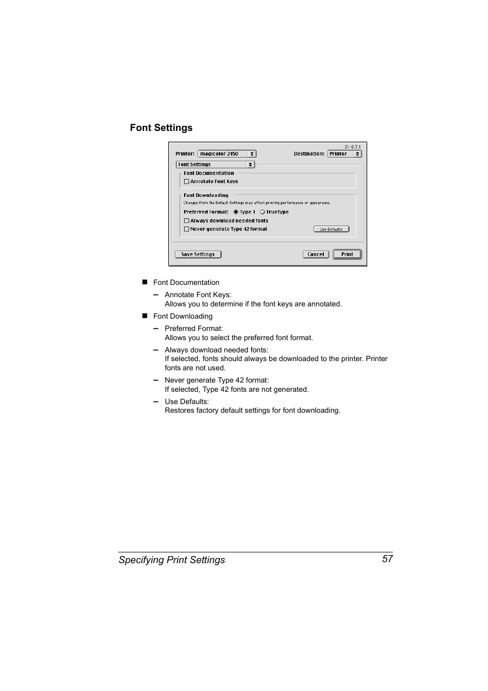 Font settings, Font settings 57 | Konica Minolta Magicolor 2450 User Manual | Page 73 / 210