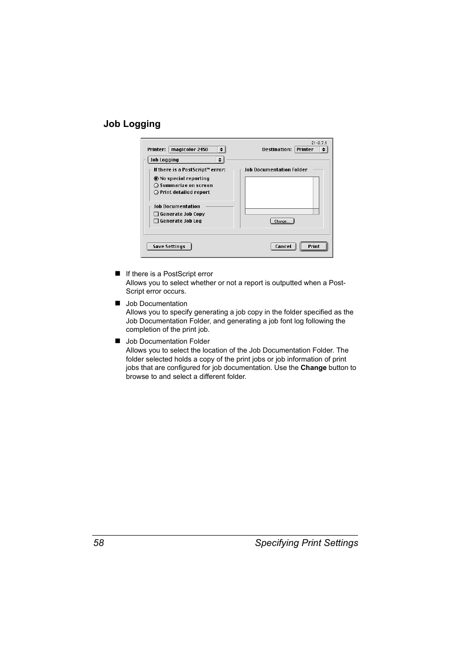 Job logging, Job logging 58 | Konica Minolta Magicolor 2450 User Manual | Page 74 / 210