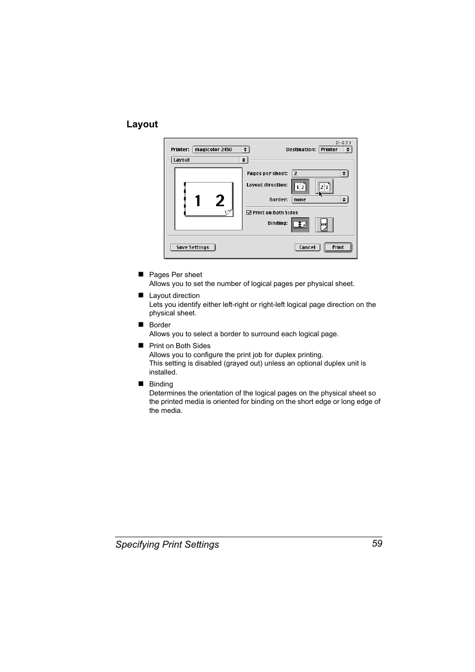 Layout, Layout 59, Specifying print settings 59 layout | Konica Minolta Magicolor 2450 User Manual | Page 75 / 210