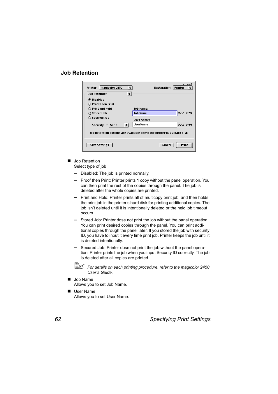 Job retention, Job retention 62 | Konica Minolta Magicolor 2450 User Manual | Page 78 / 210