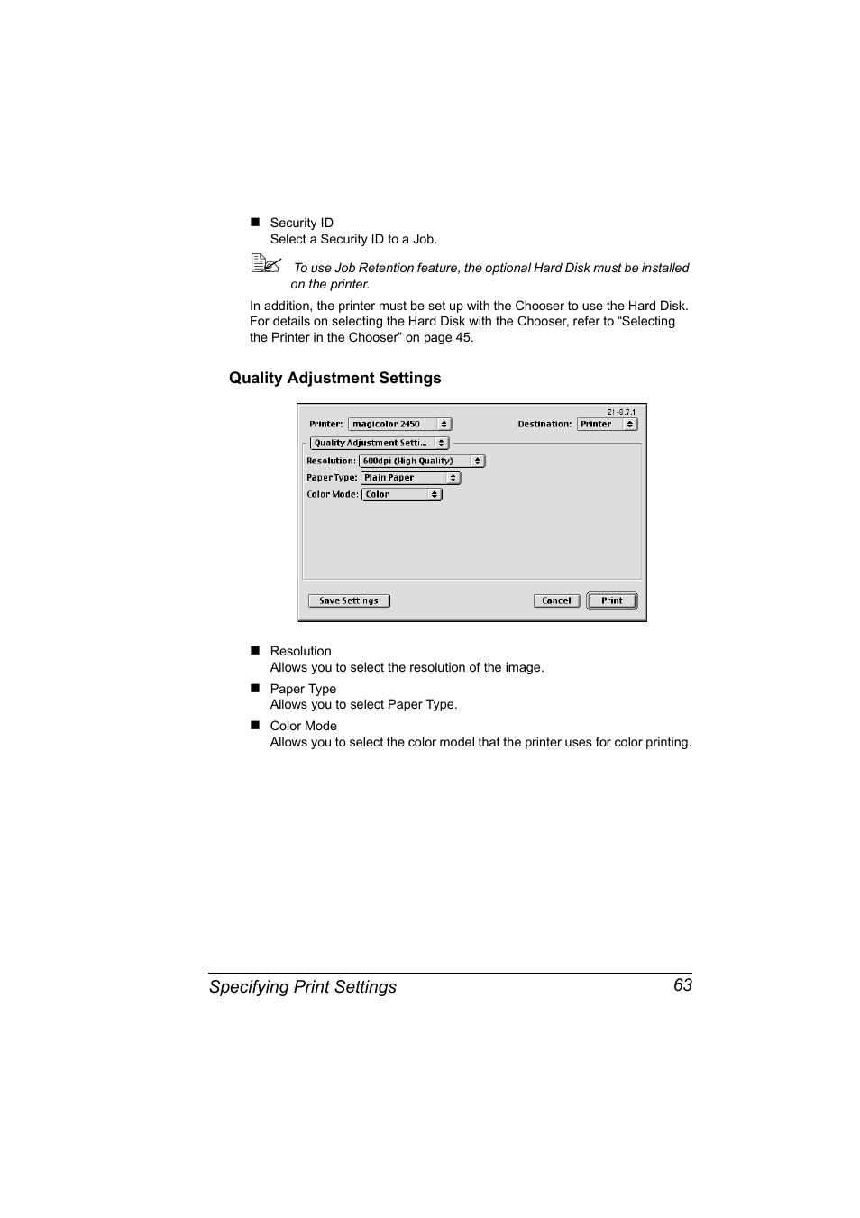 Quality adjustment settings, Quality adjustment settings 63 | Konica Minolta Magicolor 2450 User Manual | Page 79 / 210