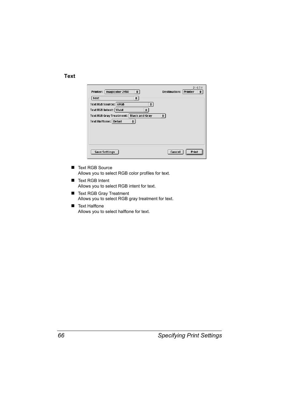 Text, Text 66, Specifying print settings 66 | Konica Minolta Magicolor 2450 User Manual | Page 82 / 210