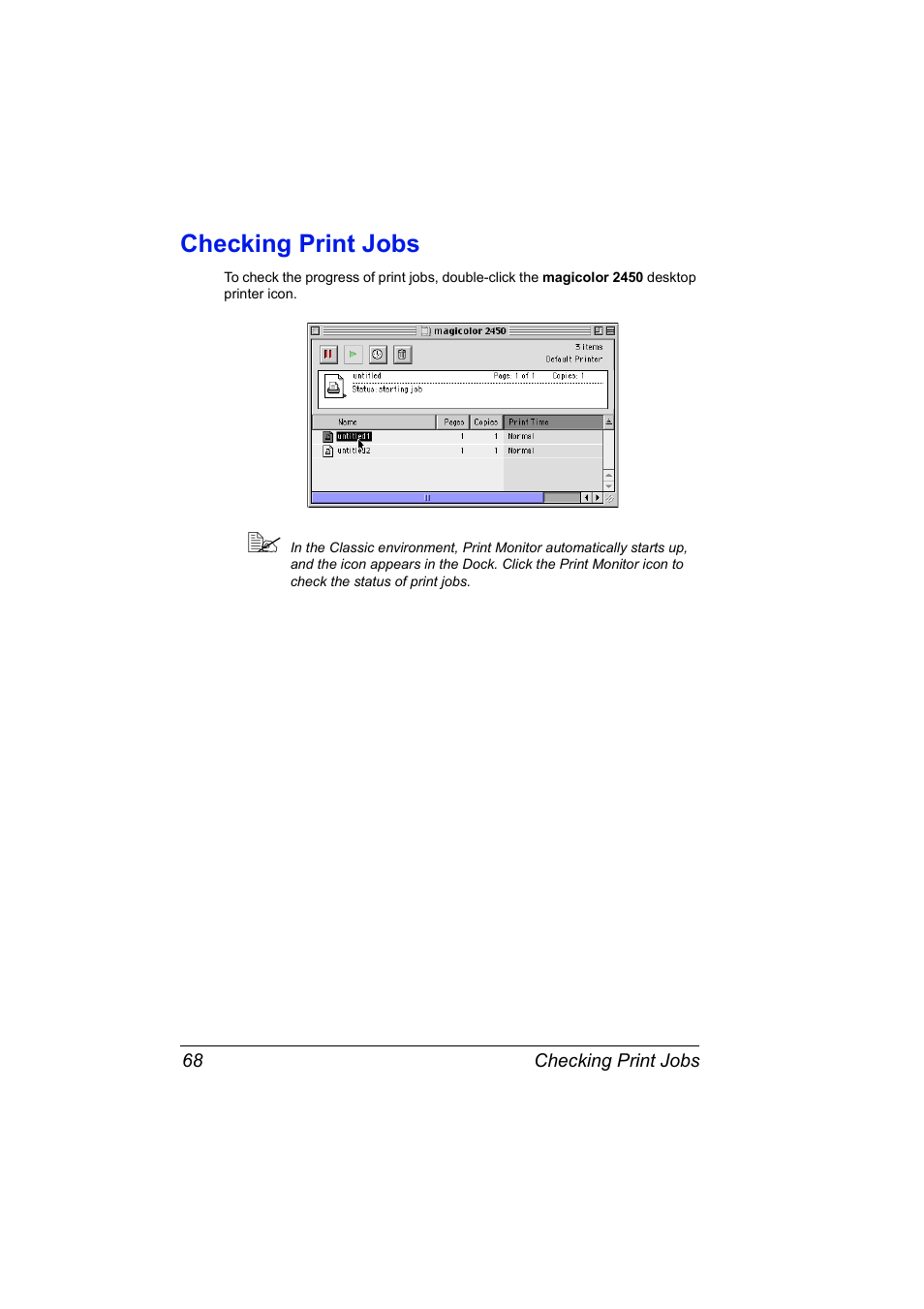 Checking print jobs, Checking print jobs 68 | Konica Minolta Magicolor 2450 User Manual | Page 84 / 210