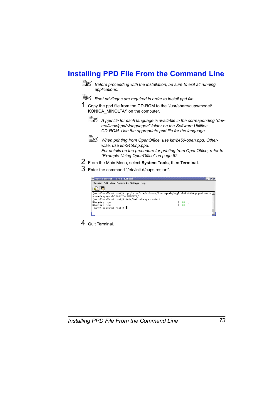 Installing ppd file from the command line, Installing ppd file from the command line 73 | Konica Minolta Magicolor 2450 User Manual | Page 89 / 210