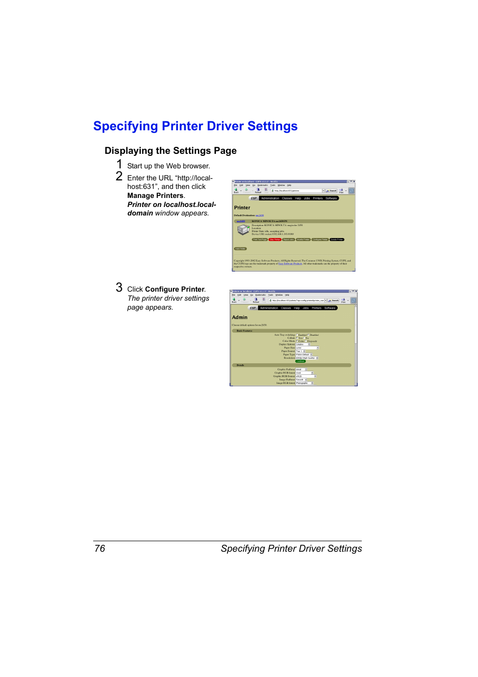 Specifying printer driver settings, Specifying printer driver settings 76 | Konica Minolta Magicolor 2450 User Manual | Page 92 / 210