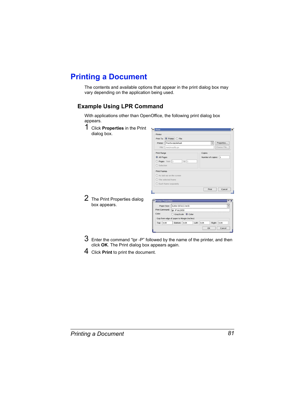 Printing a document, Example using lpr command, Printing a document 81 | Example using lpr command 81 | Konica Minolta Magicolor 2450 User Manual | Page 97 / 210