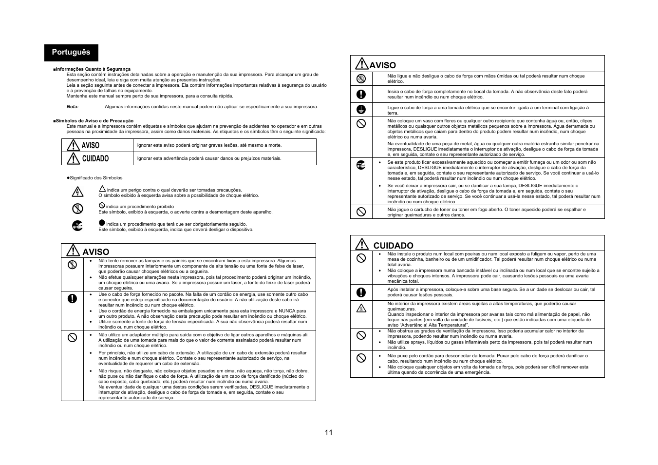 Aviso, Cuidado, 11 português | Konica Minolta magicolor 1650EN User Manual | Page 12 / 48