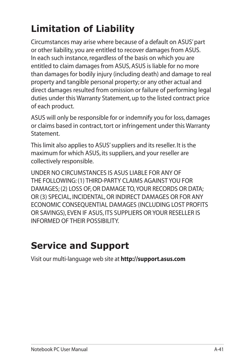 Limitation of liability, Service and support | Asus E6934 User Manual | Page 117 / 118