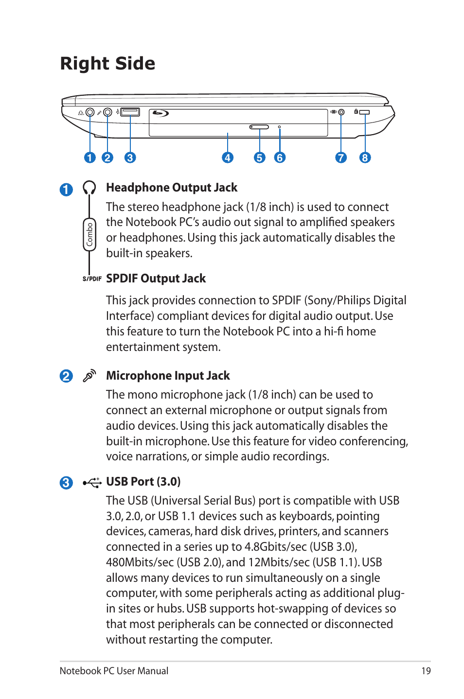 Right side | Asus E6934 User Manual | Page 19 / 118