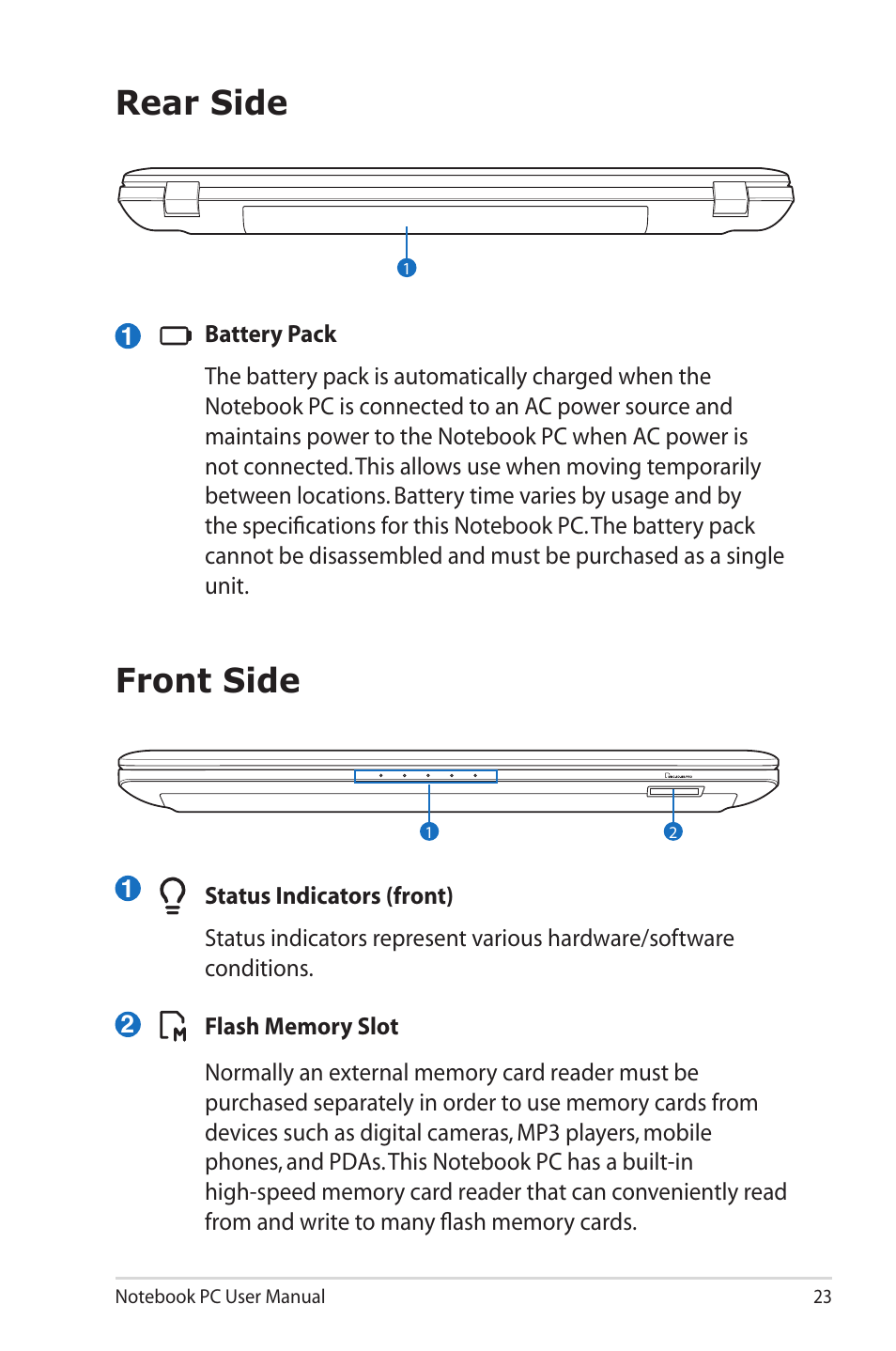 Rear side, Front side, Rear side front side | Asus E6934 User Manual | Page 23 / 118