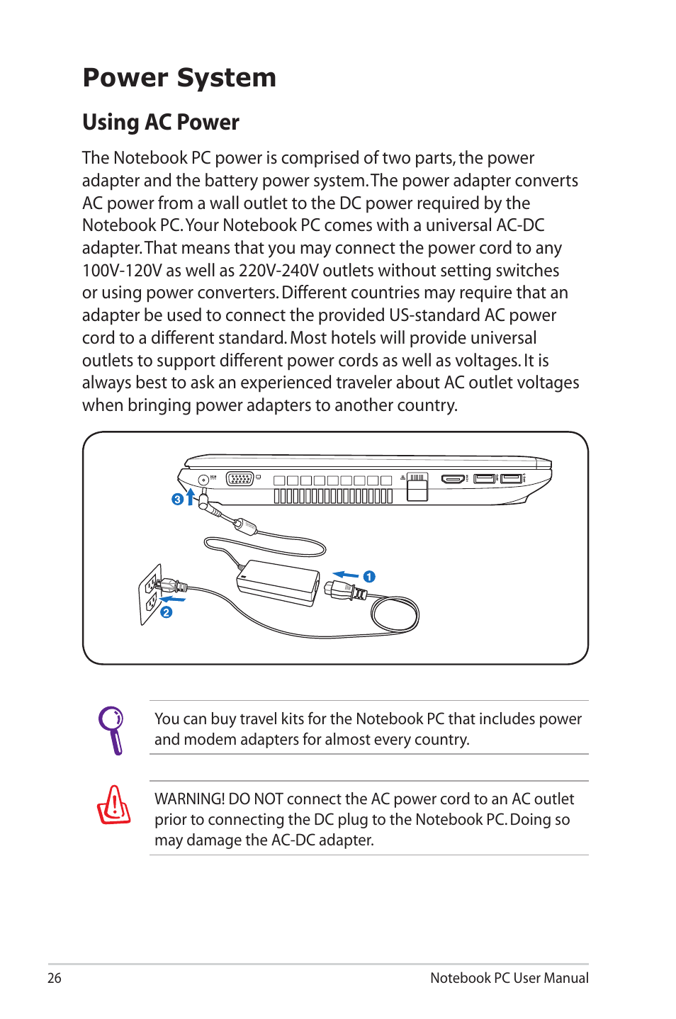 Power system, Using ac power | Asus E6934 User Manual | Page 26 / 118