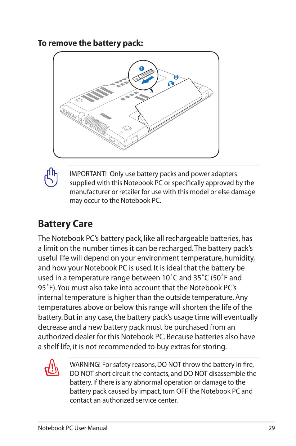 Battery care | Asus E6934 User Manual | Page 29 / 118