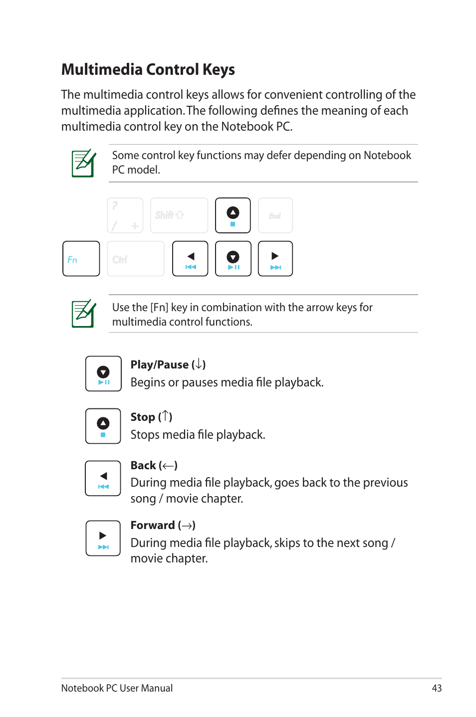 Multimedia control keys | Asus E6934 User Manual | Page 43 / 118