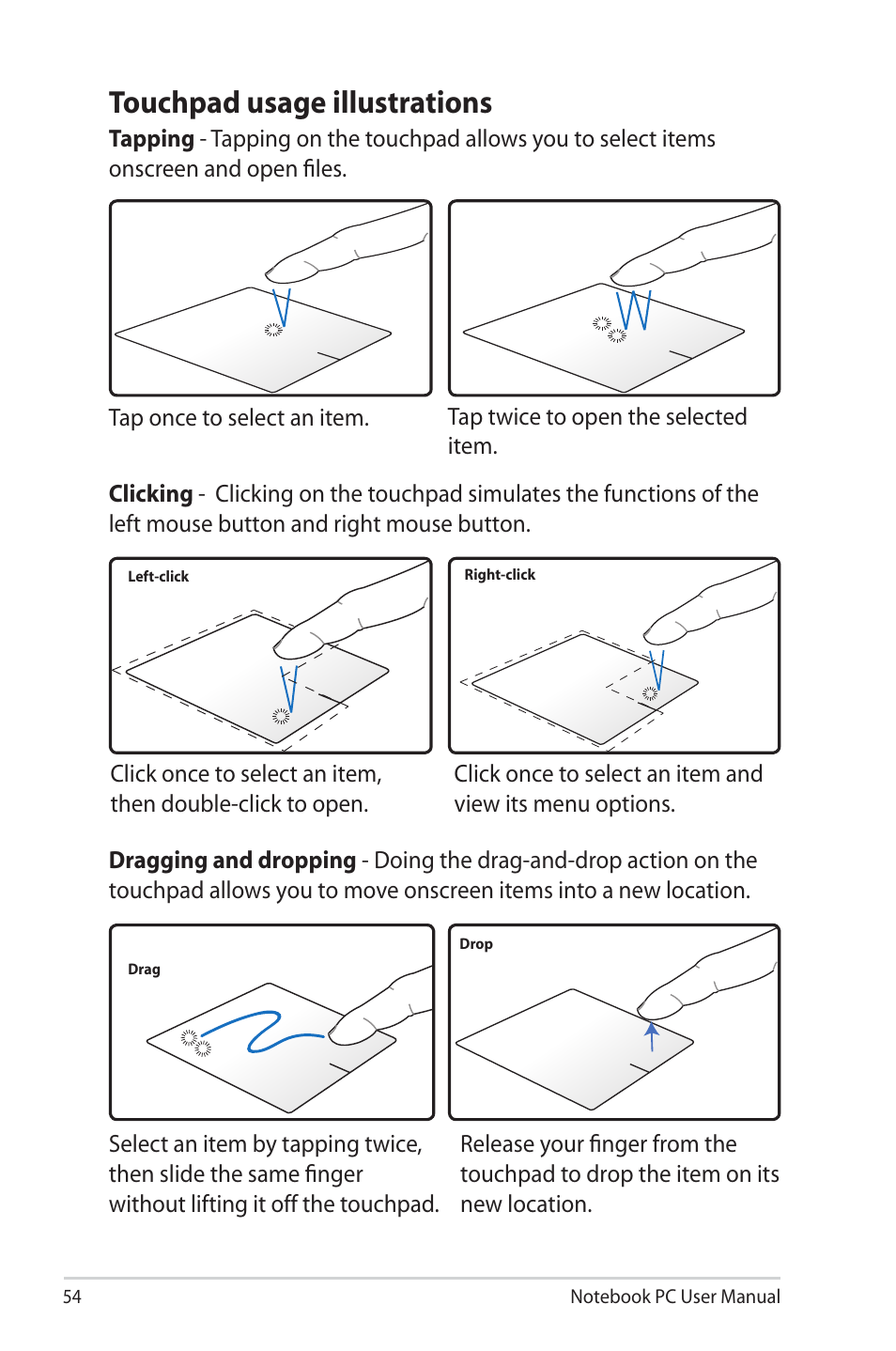 Touchpad usage illustrations | Asus E6934 User Manual | Page 54 / 118