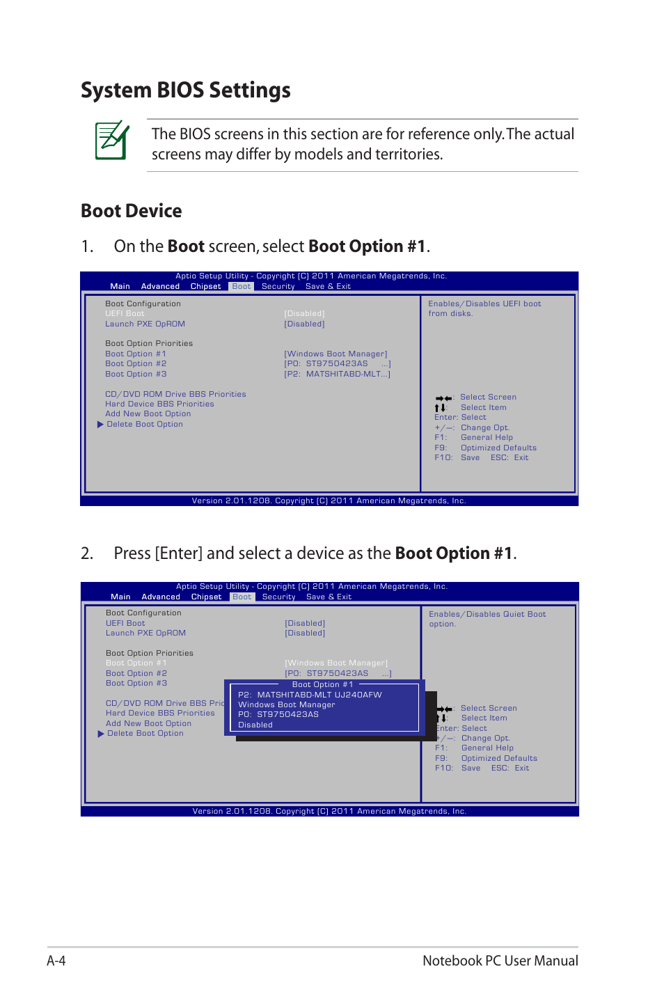 System bios settings, Boot device, On the boot screen, select boot option #1 | Asus E6934 User Manual | Page 80 / 118