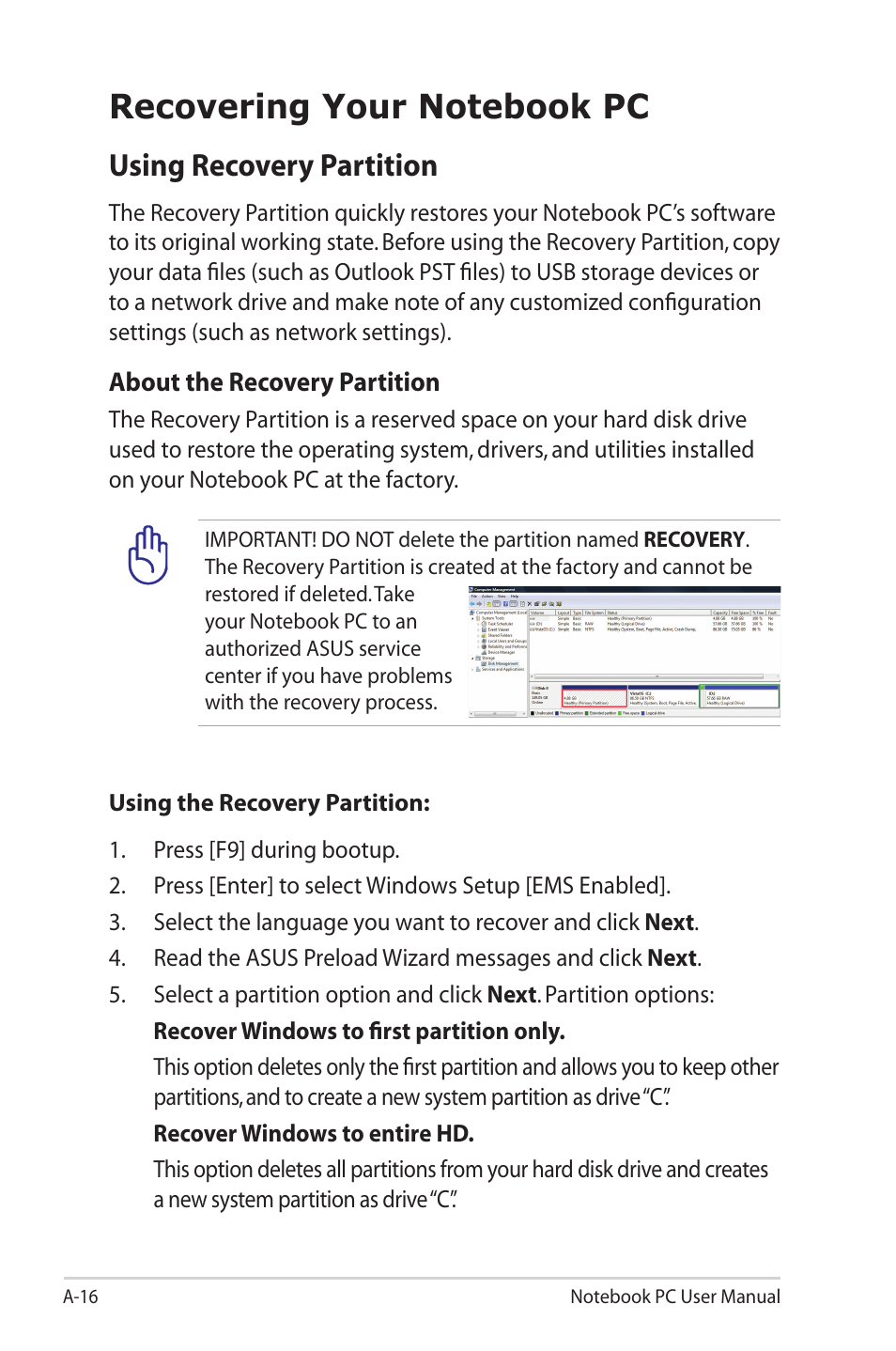 Recovering your notebook pc, Using recovery partition | Asus E6934 User Manual | Page 92 / 118