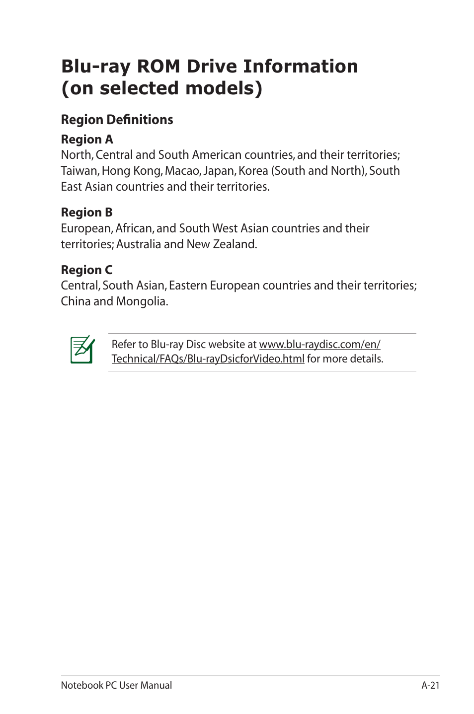Blu-ray rom drive information(on selected models), Blu-ray rom drive information (on selected models) | Asus E6934 User Manual | Page 97 / 118