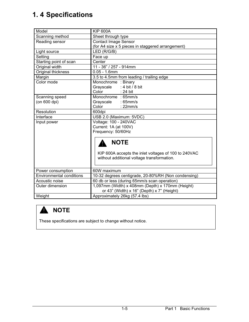 4 specifications | Konica Minolta KIP 600 Scanner User Manual | Page 11 / 151