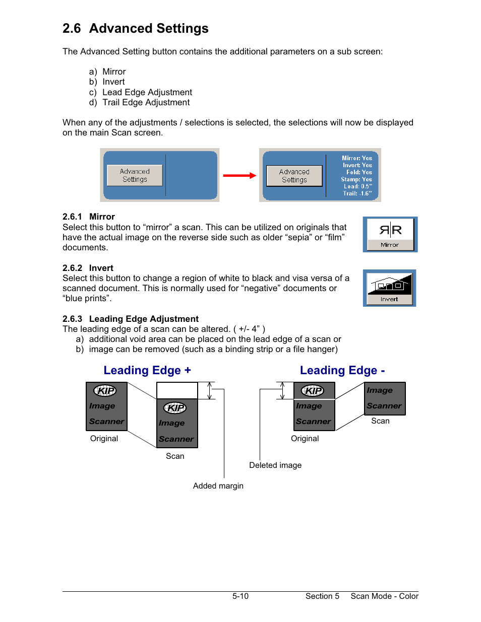 6 advanced settings, Leading edge + leading edge | Konica Minolta KIP 600 Scanner User Manual | Page 122 / 151