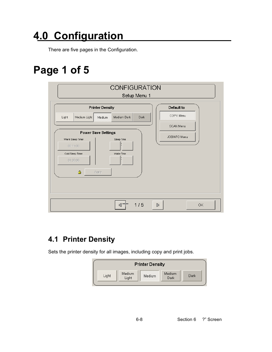 0 configuration, Page 1 of 5, 1 printer density | Konica Minolta KIP 600 Scanner User Manual | Page 140 / 151