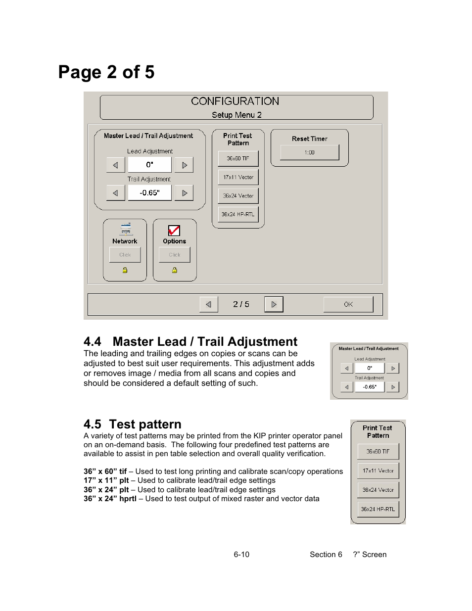 Page 2 of 5, 4 master lead / trail adjustment, 5 test pattern | Konica Minolta KIP 600 Scanner User Manual | Page 142 / 151