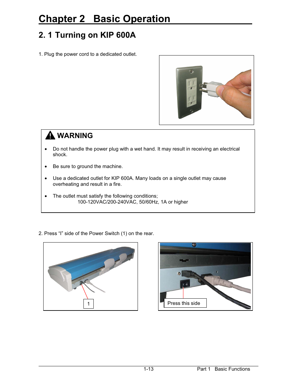 Chapter 2 basic operation, 1 turning on kip 600a | Konica Minolta KIP 600 Scanner User Manual | Page 19 / 151