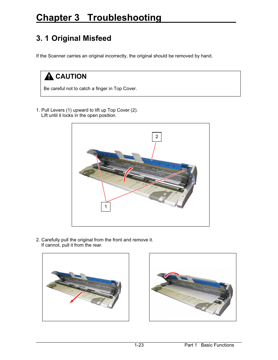 Chapter 3 troubleshooting, 1 original misfeed | Konica Minolta KIP 600 Scanner User Manual | Page 29 / 151