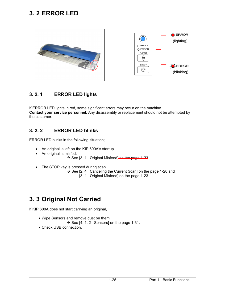 2 error led, 3 original not carried, 2. 1 error led lights | 2. 2 error led blinks | Konica Minolta KIP 600 Scanner User Manual | Page 31 / 151