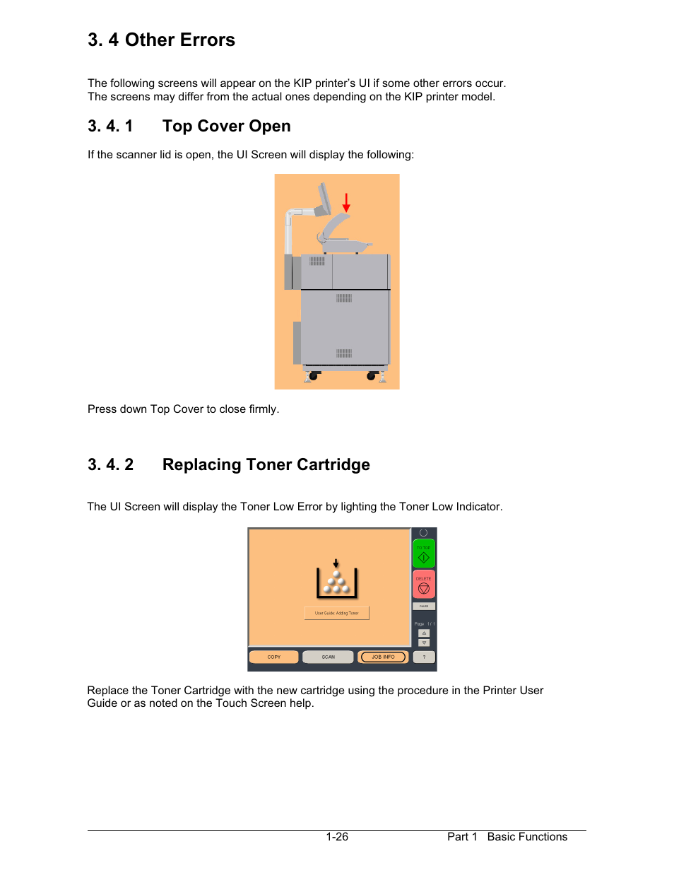 4 other errors, 4. 1 top cover open, 4. 2 replacing toner cartridge | Konica Minolta KIP 600 Scanner User Manual | Page 32 / 151