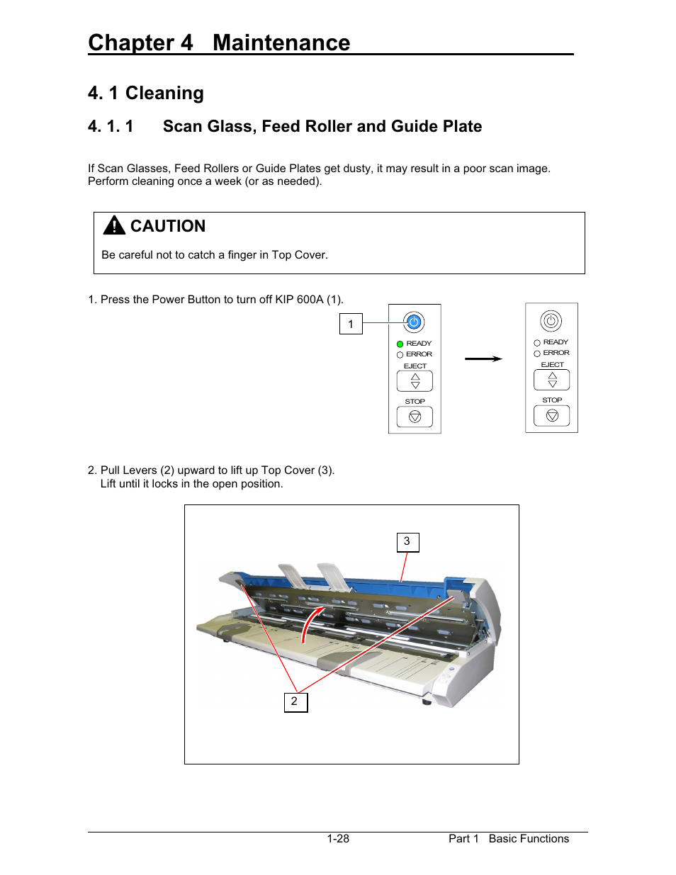 Chapter 4 maintenance, 1 cleaning, 1. 1 scan glass, feed roller and guide plate | Caution | Konica Minolta KIP 600 Scanner User Manual | Page 34 / 151