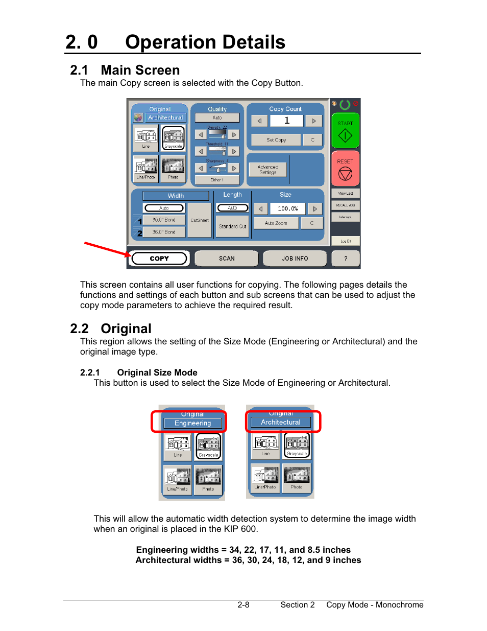 0 operation details, 1 main screen, 2 original | Konica Minolta KIP 600 Scanner User Manual | Page 46 / 151
