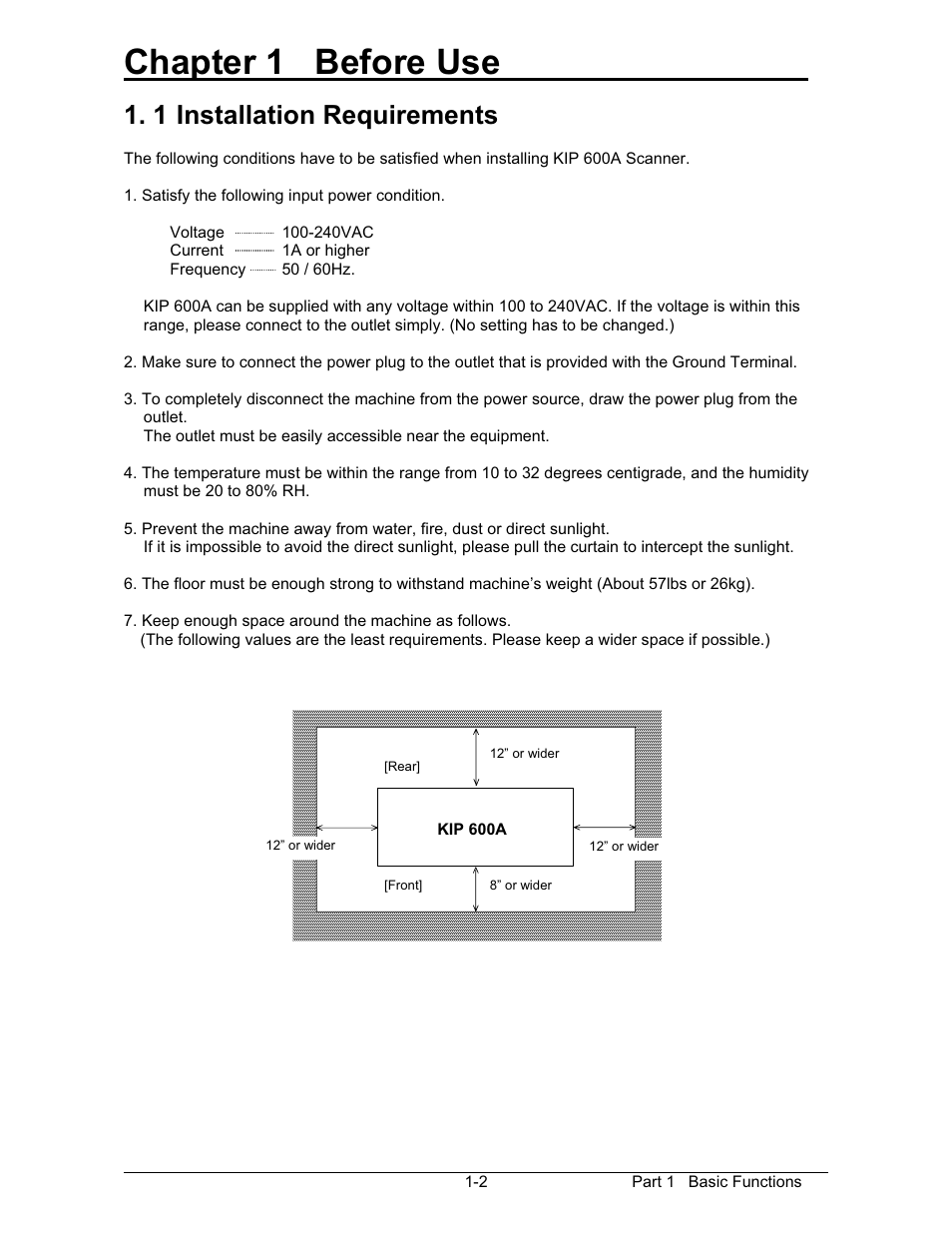 Chapter 1 before use, 1 installation requirements | Konica Minolta KIP 600 Scanner User Manual | Page 8 / 151