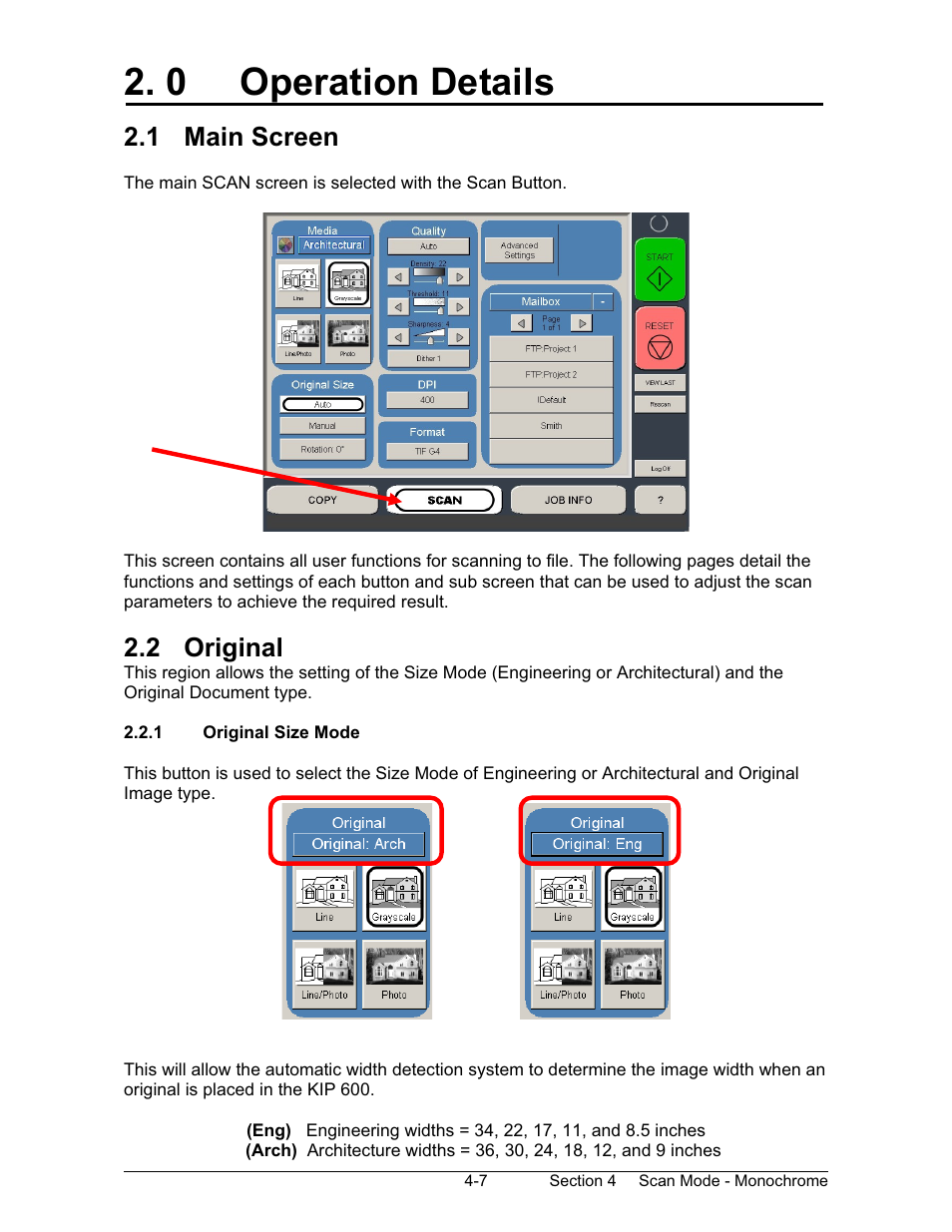 0 operation details, 1 main screen, 2 original | Konica Minolta KIP 600 Scanner User Manual | Page 92 / 151