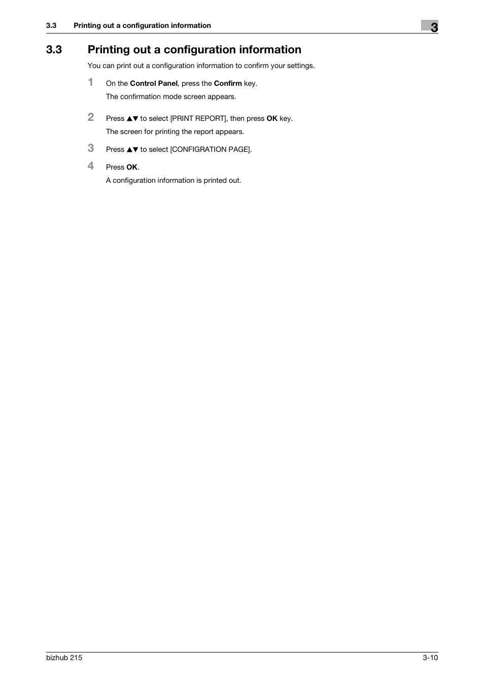 3 printing out a configuration information, Printing out a configuration information -10 | Konica Minolta Bizhub 215 User Manual | Page 21 / 93