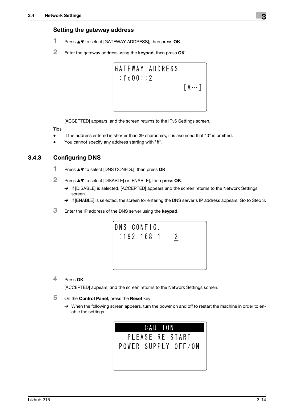 Setting the gateway address, 3 configuring dns, Setting the gateway address -14 | Configuring dns -14 | Konica Minolta Bizhub 215 User Manual | Page 25 / 93