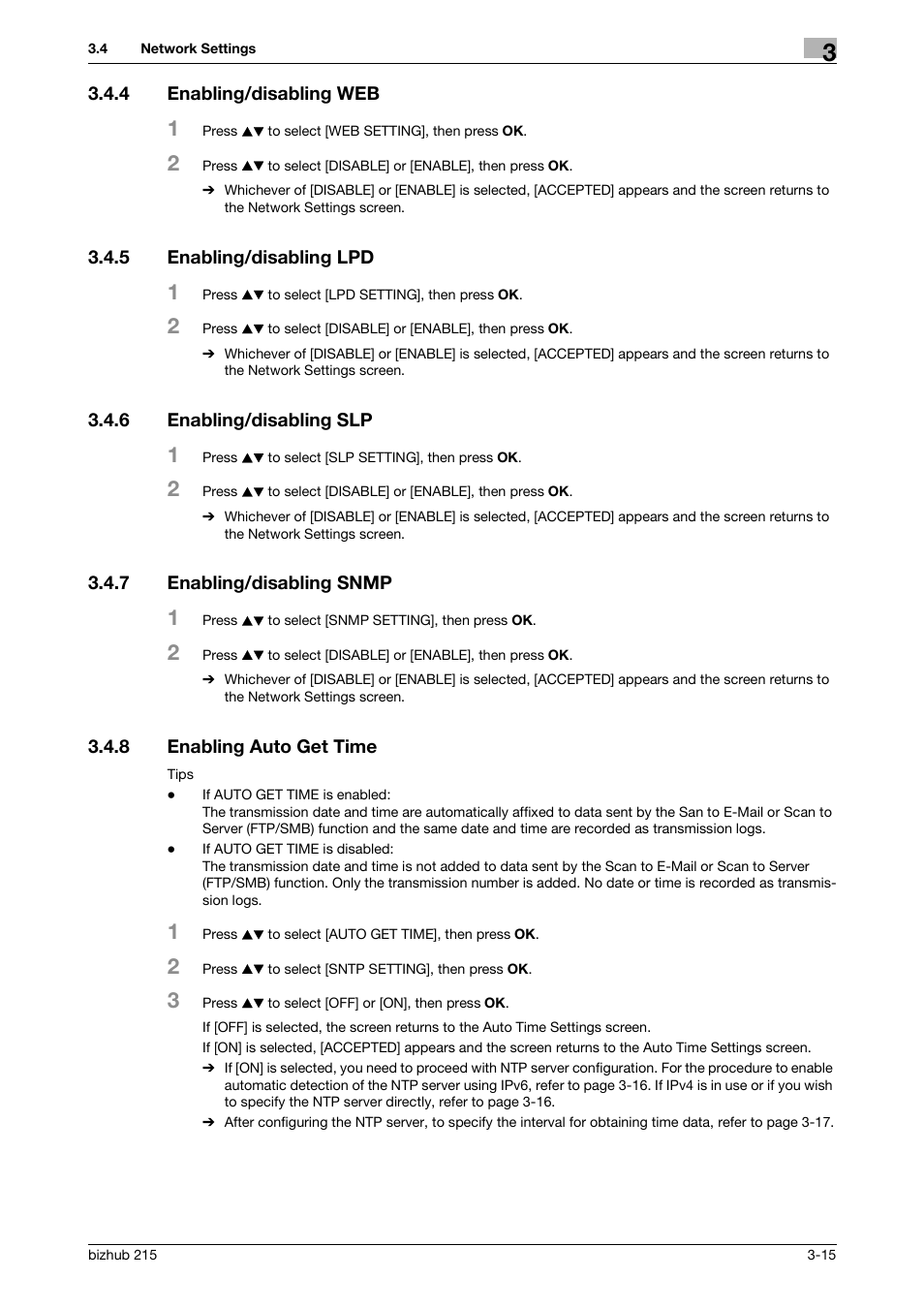 4 enabling/disabling web, 5 enabling/disabling lpd, 6 enabling/disabling slp | 7 enabling/disabling snmp, 8 enabling auto get time, Enabling/disabling web -15, Enabling/disabling lpd -15, Enabling/disabling slp -15, Enabling/disabling snmp -15, Enabling auto get time -15 | Konica Minolta Bizhub 215 User Manual | Page 26 / 93