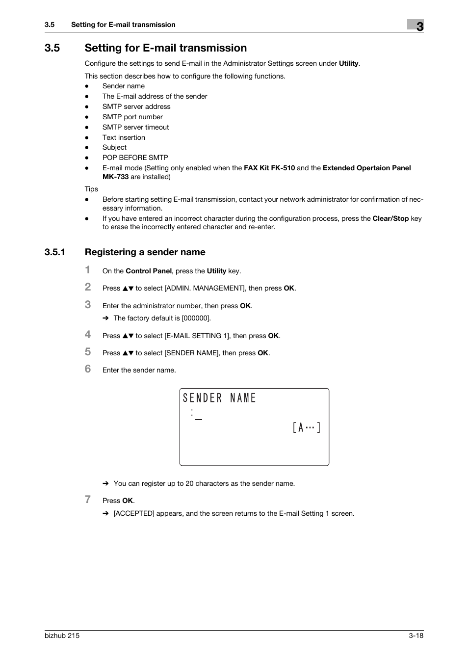 5 setting for e-mail transmission, 1 registering a sender name, Setting for e-mail transmission -18 | Registering a sender name -18 | Konica Minolta Bizhub 215 User Manual | Page 29 / 93