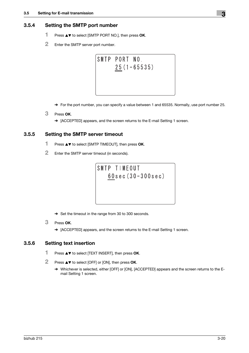 4 setting the smtp port number, 5 setting the smtp server timeout, 6 setting text insertion | Setting the smtp port number -20, Setting the smtp server timeout -20, Setting text insertion -20 | Konica Minolta Bizhub 215 User Manual | Page 31 / 93