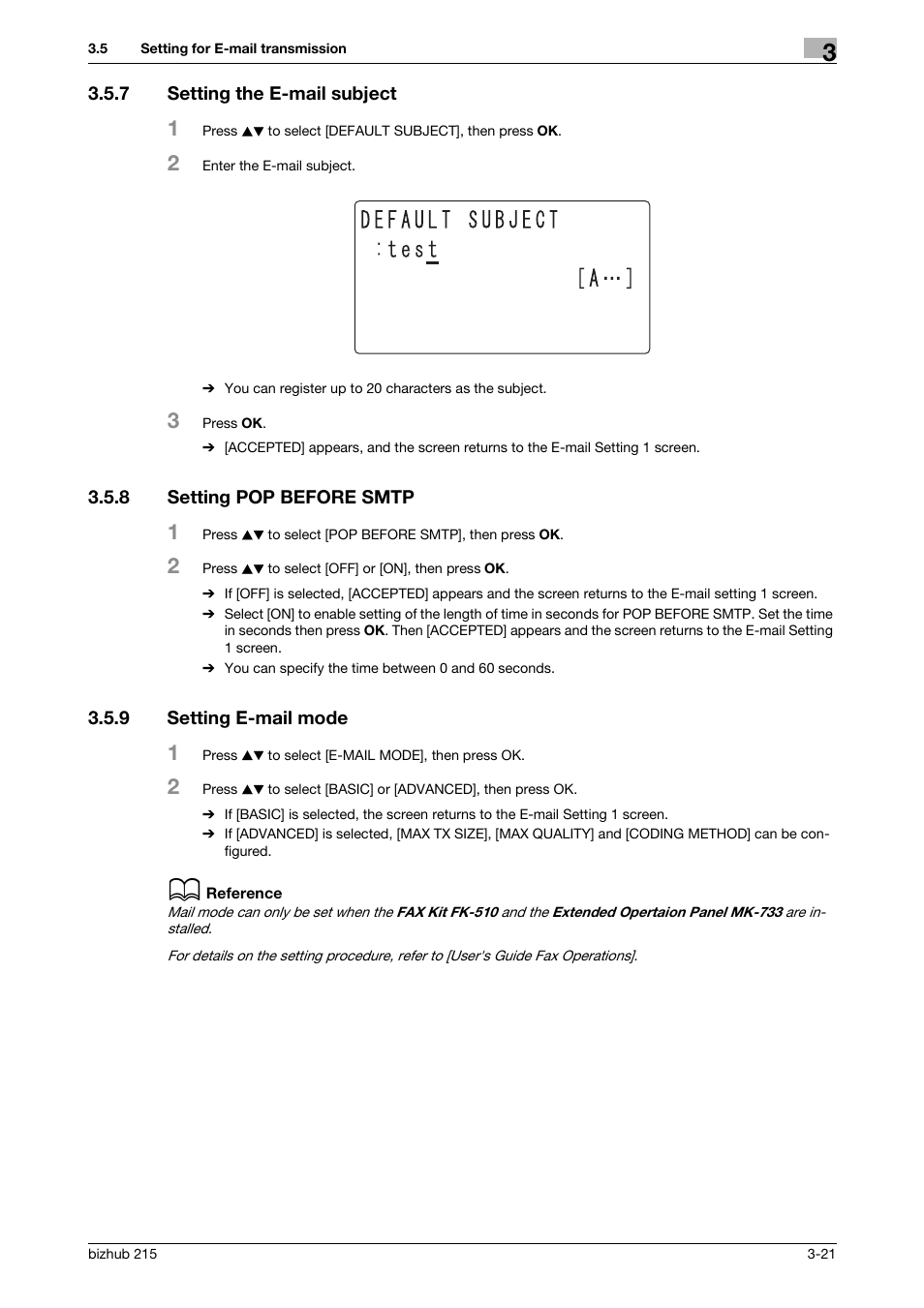 7 setting the e-mail subject, 8 setting pop before smtp, 9 setting e-mail mode | Setting the e-mail subject -21, Setting pop before smtp -21, Setting e-mail mode -21 | Konica Minolta Bizhub 215 User Manual | Page 32 / 93